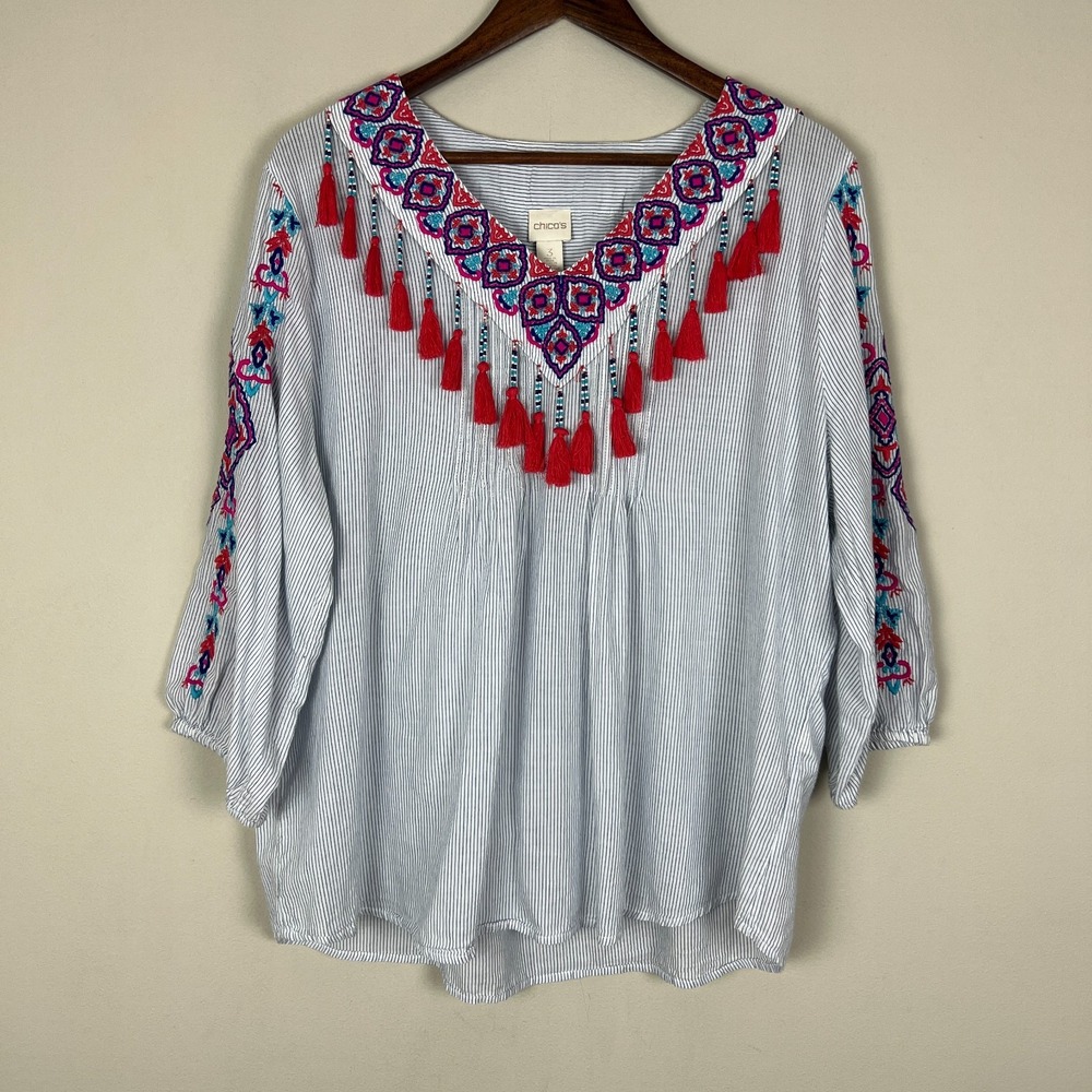 Chicos 3 Top Womens XL Peasant Embroidered Striped Boho Tassel Colorful V-Neck